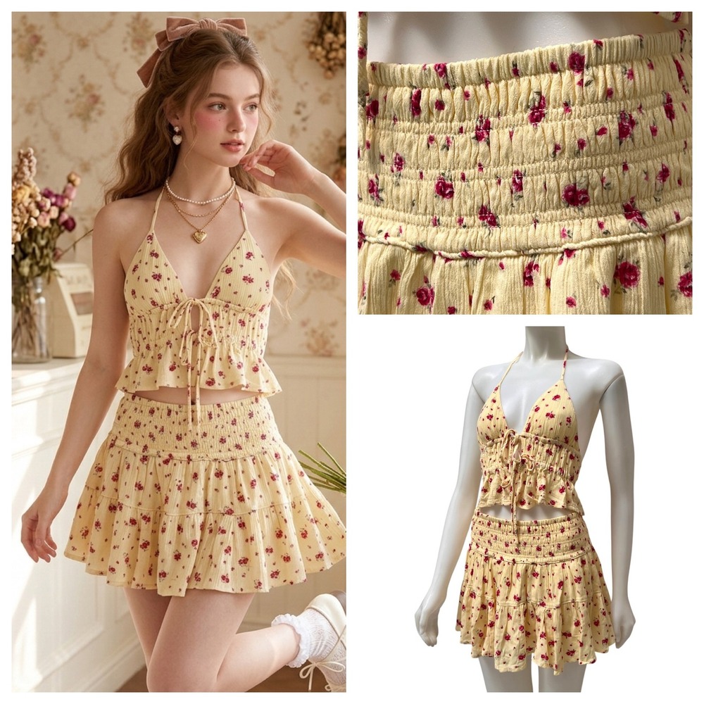 Garage Emmy Smocked Mini Skort M Halter Top XS Floral Coquette Fairy Blogger fav
